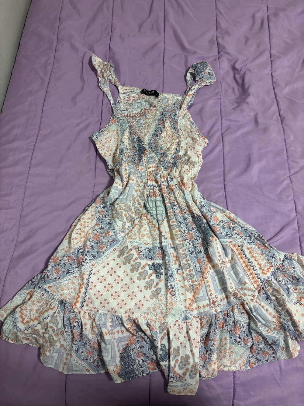 Smocked Midi Sundress in Cream with Blue and Soft Orange Patchwork
